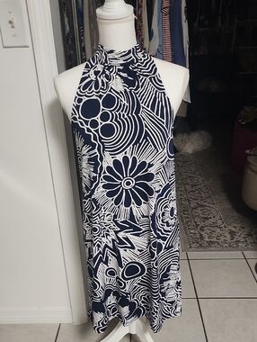 Trina Turk Navy and White Halter Midi Dress with Bold Floral Print